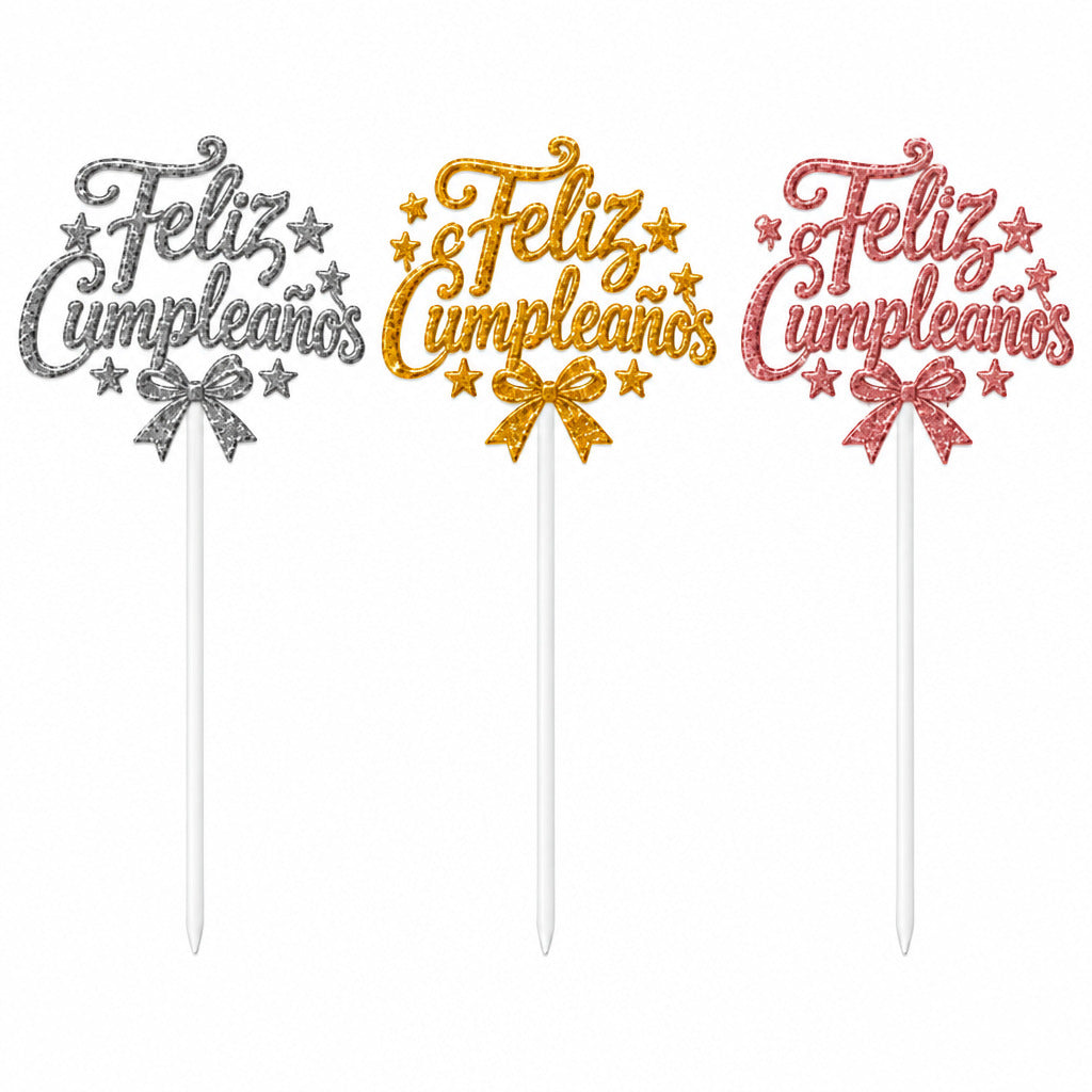Set de 3 toppers Feliz Cumpleaños: plateado, dorado y rosa