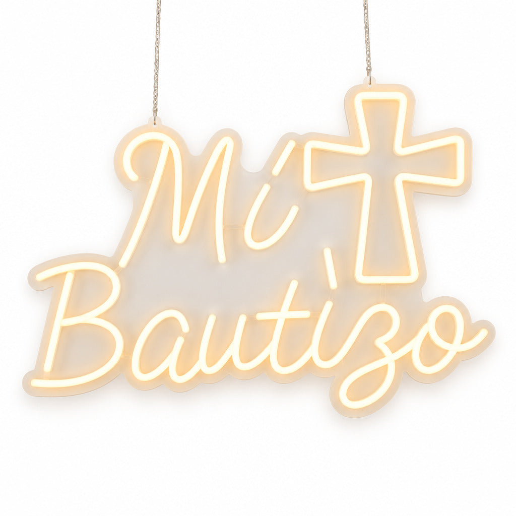 Letrero neón decorativo “Mi Bautizo” luz cálida 55×40 cm