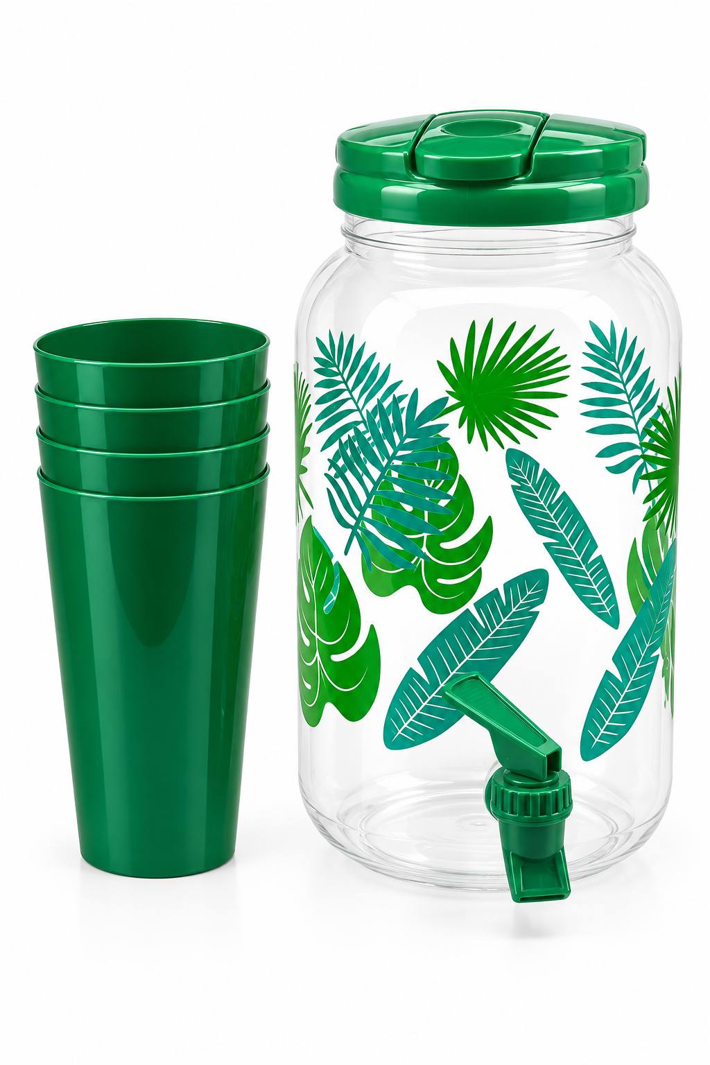 Jarra de 3.8L + 4 Vasos Color Verde Diseño Hojas
