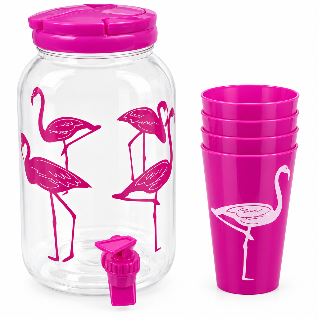 Jarra de 3.8L + 4 Vasos Color Rosa Diseño Flamingos