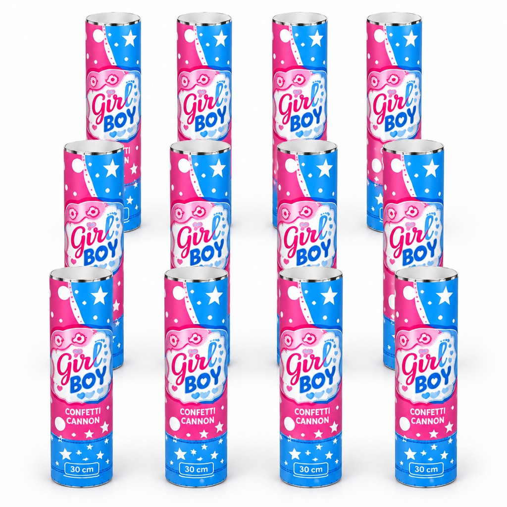 Pack de 12 surtido - Lanzador de confeti de género, 30 cm, versión papelillos